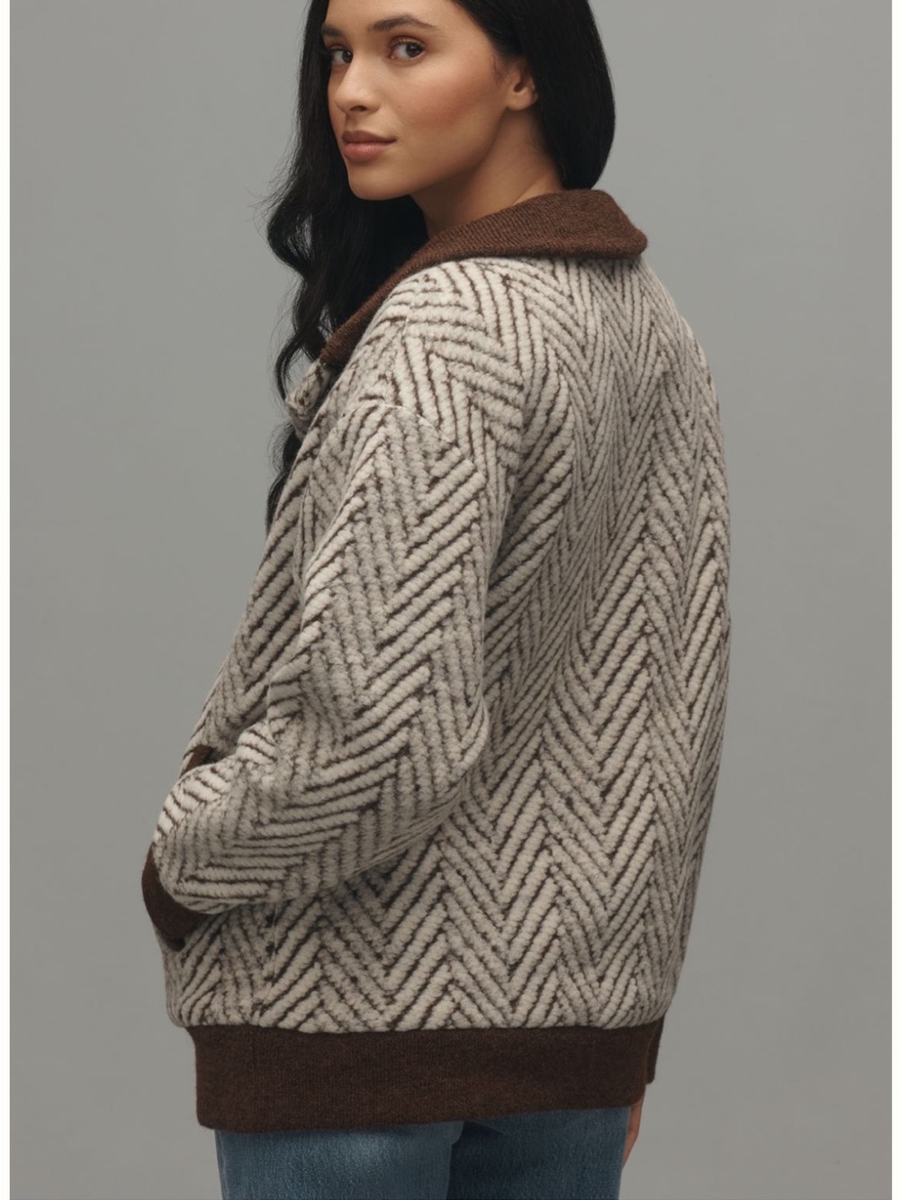 Bernardo Chevron Knit Bomber Jacket in Cream & Brown